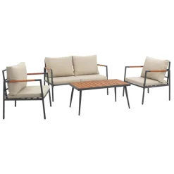 Teamson Cushioned Backrest & Wood Armrests Conversation Set Outdoor Patio Furniture