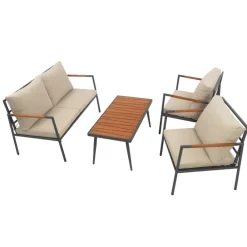 Teamson Cushioned Backrest & Wood Armrests Conversation Set Outdoor Patio Furniture