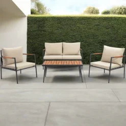 Teamson Cushioned Backrest & Wood Armrests Conversation Set Outdoor Patio Furniture