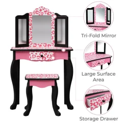 Kids Teamson Fantasy Fields Gisele Leopard Print Kids Vanity Table & Stool, Black & Pink