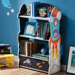 Kids Teamson Fantasy Fields Kids Wooden Outer Space Bookshelf with Drawer, Blue- FINAL SALE