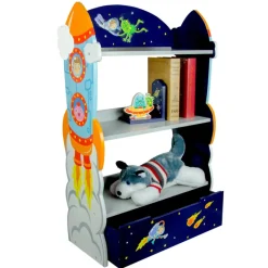 Kids Teamson Fantasy Fields Kids Wooden Outer Space Bookshelf with Drawer, Blue- FINAL SALE