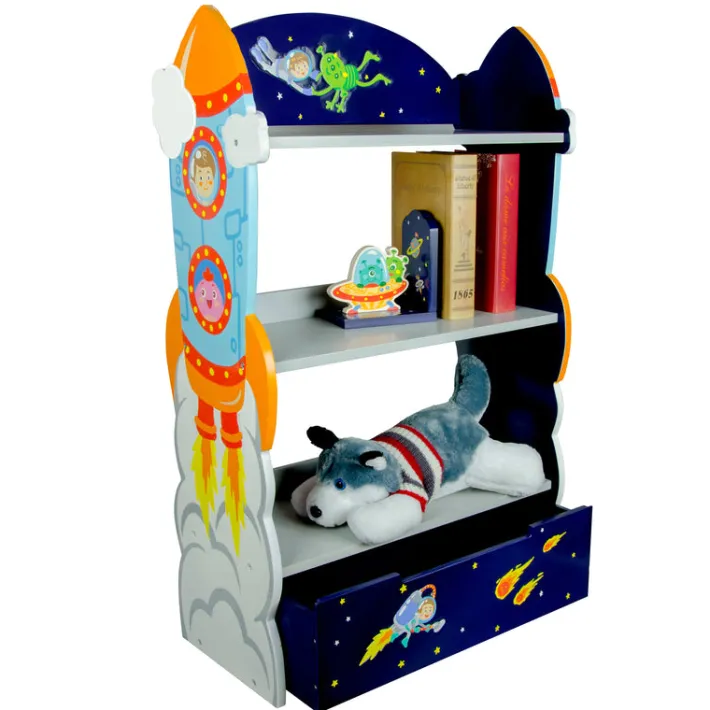 Kids Teamson Fantasy Fields Kids Wooden Outer Space Bookshelf with Drawer, Blue- FINAL SALE