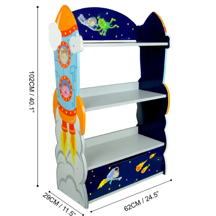 Kids Teamson Fantasy Fields Kids Wooden Outer Space Bookshelf with Drawer, Blue- FINAL SALE