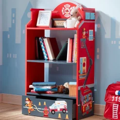 Kids Teamson Fantasy Fields Little Fire Fighters Bookshelf with Drawer, Red- FINAL SALE