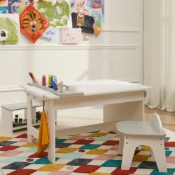 Kids Teamson Fantasy Fields Little Monet Art Table with Paper Roll, Stool, Bench and More, White/Gray- FINAL SALE