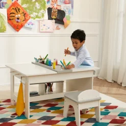 Kids Teamson Fantasy Fields Little Monet Art Table with Paper Roll, Stool, Bench and More, White/Gray- FINAL SALE