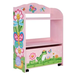 Kids Teamson Fantasy Fields Magic Garden Kids Wooden Toy Organizer with Rolling Storage Box, Pink -FINAL SALE