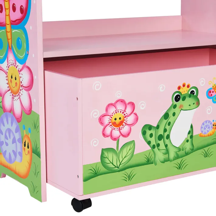 Kids Teamson Fantasy Fields Magic Garden Kids Wooden Toy Organizer with Rolling Storage Box, Pink -FINAL SALE