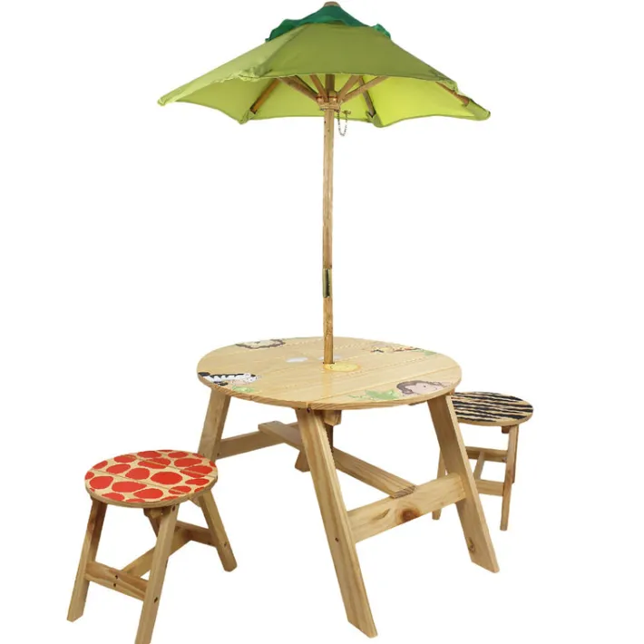 Kids Teamson Fantasy Fields 3-Piece Sunny Safari Round Picnic Table & Stools with Umbrella, Natural