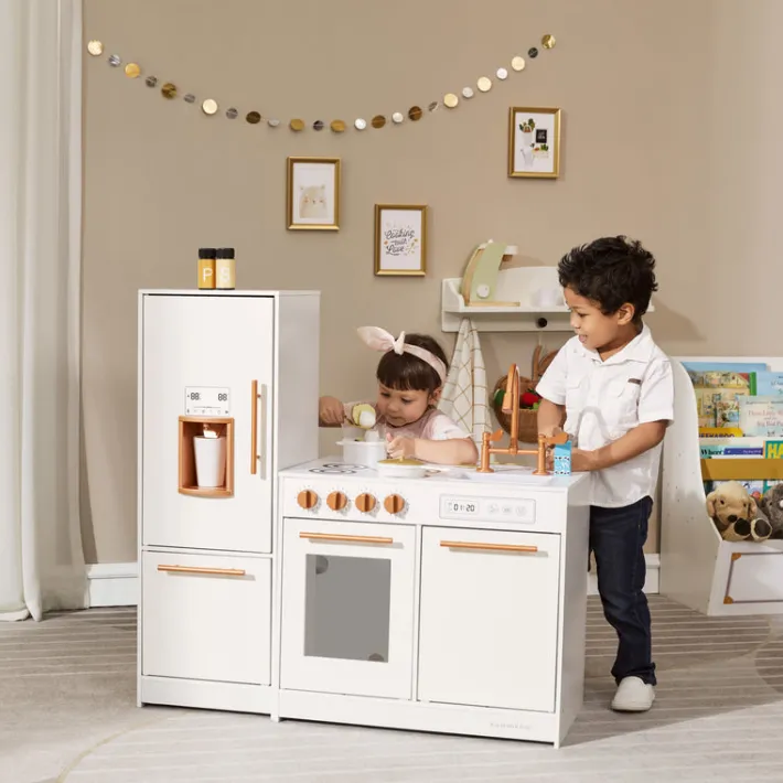 Kids Teamson Little Chef Milano Two-Piece Modular Modern Delight Play Kitchen with Cooking Accessories, White- FINAL SALE