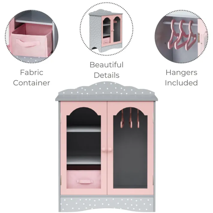 Kids Teamson Olivia's Little World Polka Dots Princess Toy Closet with Hangers for 18" Dolls, Gray/Pink