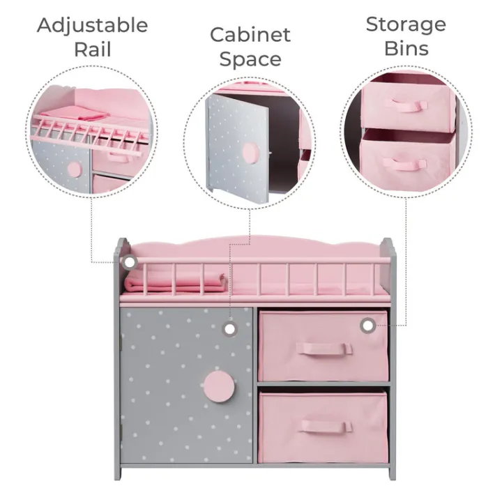 Kids Teamson Olivia's Little World Polka Dots Princess Baby Doll Crib with Storage, Pink/Gray