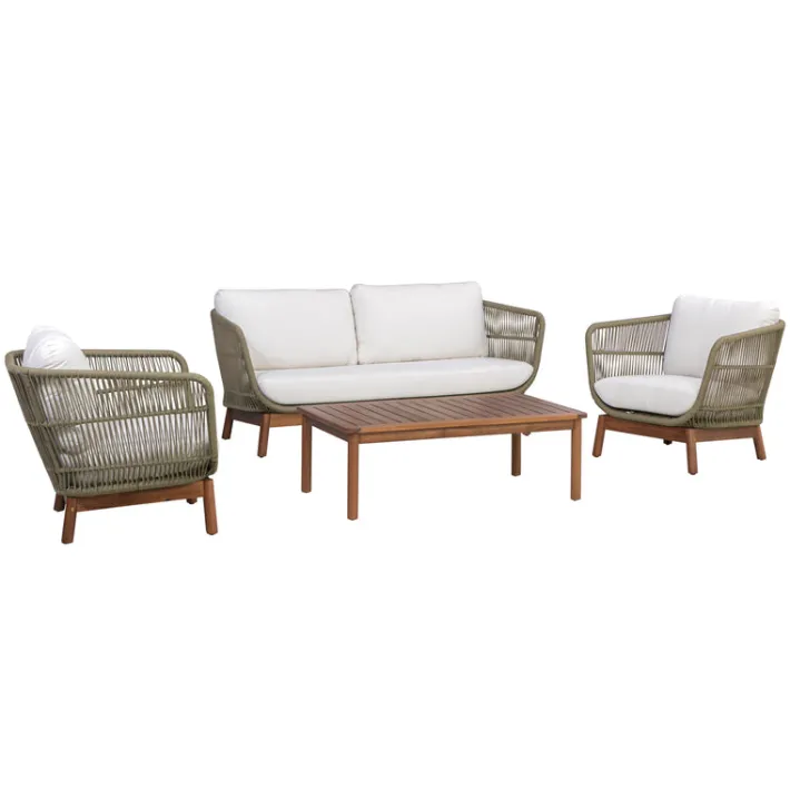Teamson 4-Piece Acacia Patio Conversation Set with Cushions, Sage Green & Natural Wood