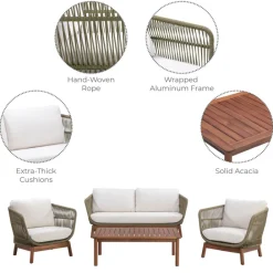 Teamson 4-Piece Acacia Patio Conversation Set with Cushions, Sage Green & Natural Wood