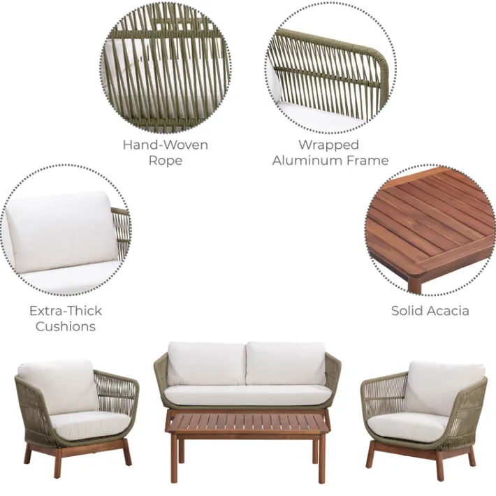 Teamson 4-Piece Acacia Patio Conversation Set with Cushions, Sage Green & Natural Wood