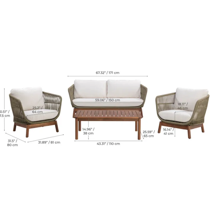 Teamson 4-Piece Acacia Patio Conversation Set with Cushions, Sage Green & Natural Wood