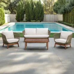 Teamson 4-Piece Acacia Patio Conversation Set with Cushions, Sage Green & Natural Wood