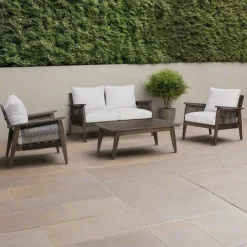 Teamson 4-Piece Outdoor Conversation Set with Cushions, Dark Brown Acacia Wood