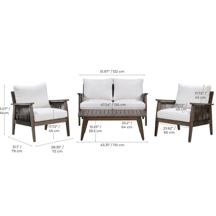 Teamson 4-Piece Outdoor Conversation Set with Cushions, Dark Brown Acacia Wood