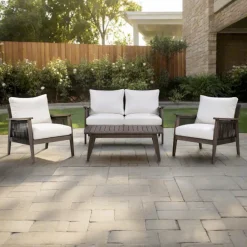 Teamson 4-Piece Outdoor Conversation Set with Cushions, Dark Brown Acacia Wood