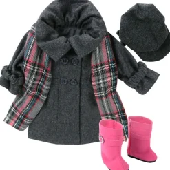 Kids Teamson Sophia's 4 Piece Winter Coat with Boots Set for 18'' Dolls, Gray/Pink