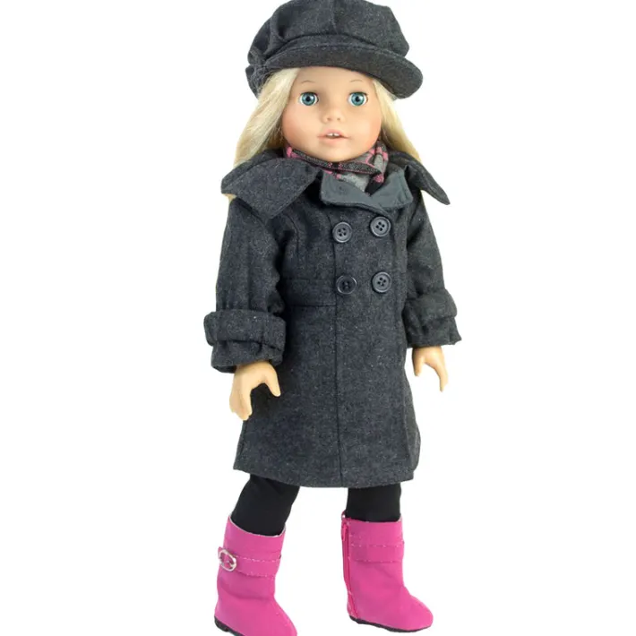 Kids Teamson Sophia's 4 Piece Winter Coat with Boots Set for 18'' Dolls, Gray/Pink
