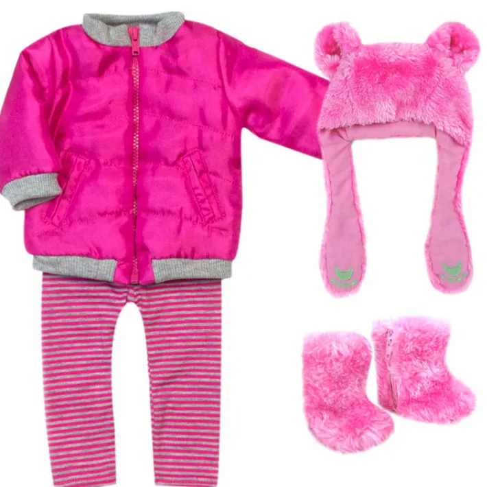 Kids Teamson Sophia's 4 Piece Winter Outfit with Bear faux fur Hat Set for 18'' Dolls, Hot Pink
