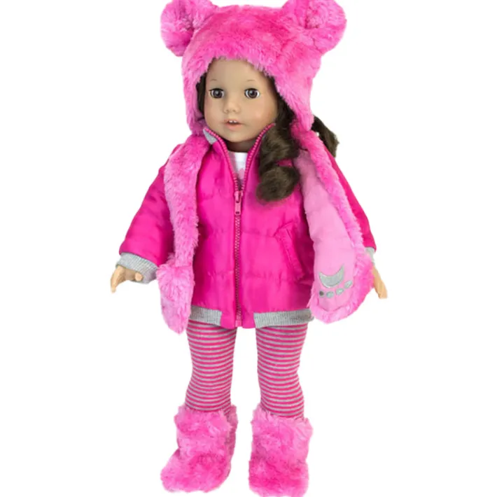 Kids Teamson Sophia's 4 Piece Winter Outfit with Bear faux fur Hat Set for 18'' Dolls, Hot Pink