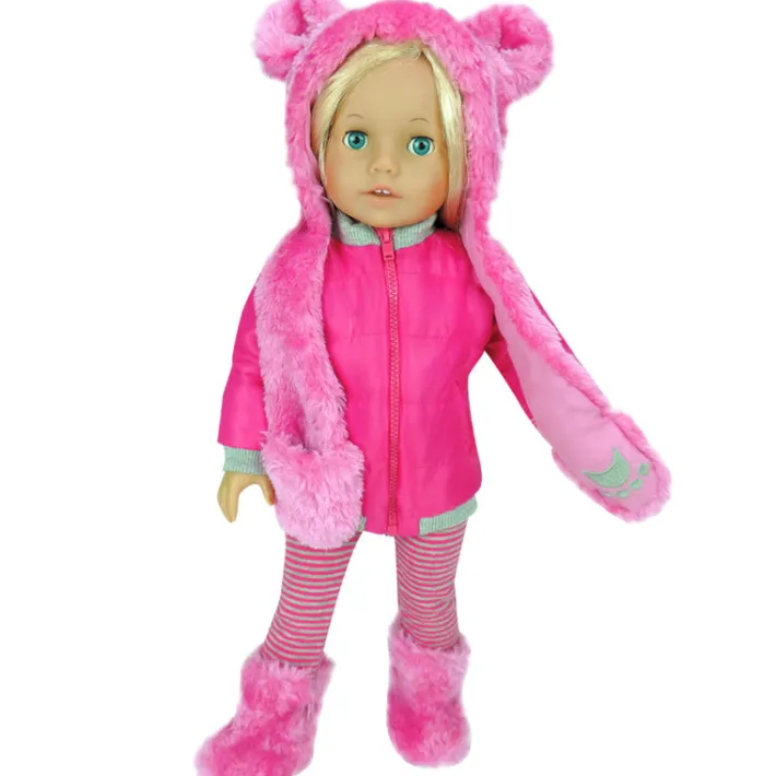 Kids Teamson Sophia's 4 Piece Winter Outfit with Bear faux fur Hat Set for 18'' Dolls, Hot Pink