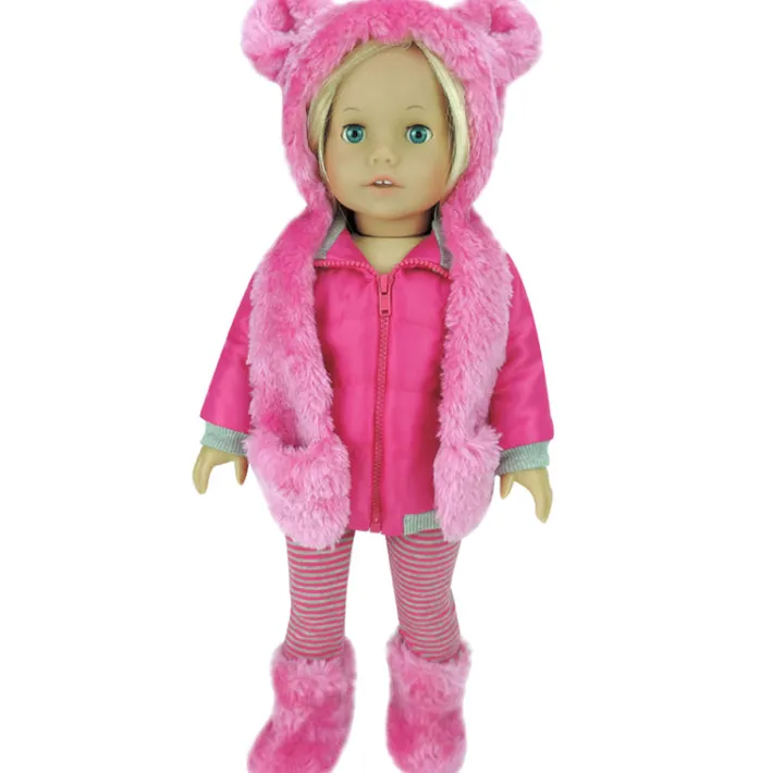 Kids Teamson Sophia's 4 Piece Winter Outfit with Bear faux fur Hat Set for 18'' Dolls, Hot Pink