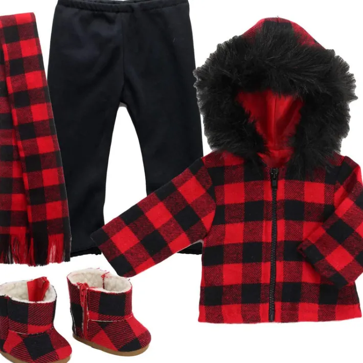 Kids Teamson Sophia’s Buffalo Check Faux Fur-Trimmed Coat, Scarf, Leggings, and Boots for 18” Dolls, Black/Red
