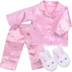 Kids Teamson Sophia's Classic Satin Pajama with Fuzzy Bunny Slippers for 18" Dolls, Pink