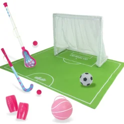 Kids Teamson Sophia’s Complete Lacrosse, Field Hockey, Soccer, & Basketball Sports Equipment Playset for 18” Dolls, Pink/Green