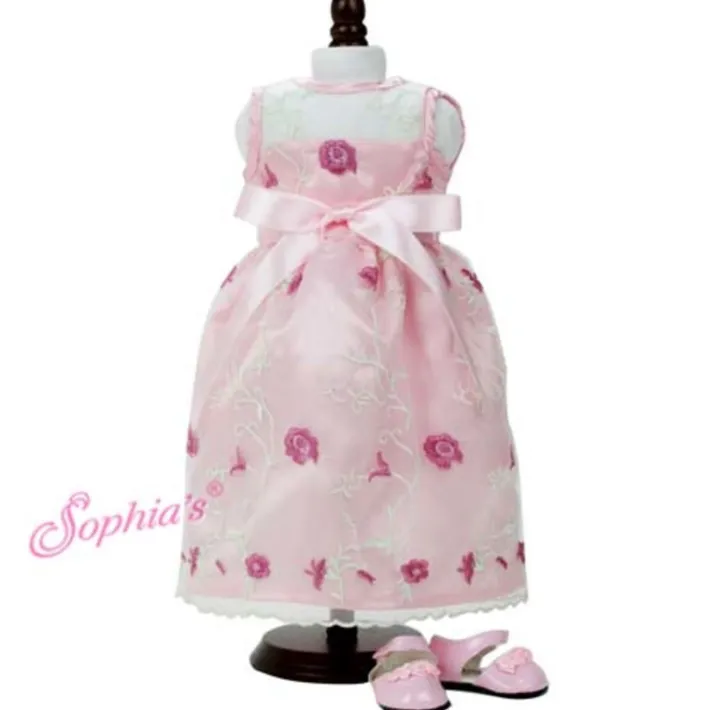 Kids Teamson Sophia’s Embroidered Flower Sheer Overlay Fancy Special Occasion Spring Satin Dress for 18” Dolls, Light Pink