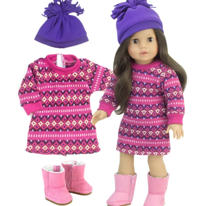 Kids Teamson Sophia's Fair Isle Knit Sweater Dress and Winter Pom-Pom Hat for 18" Dolls, Hot Pink/Purple- FINAL SALE