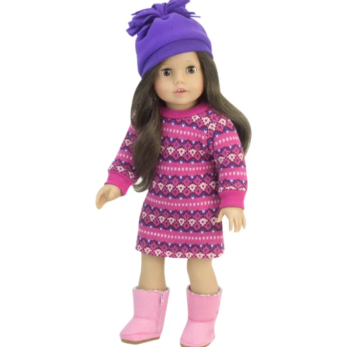 Kids Teamson Sophia's Fair Isle Knit Sweater Dress and Winter Pom-Pom Hat for 18" Dolls, Hot Pink/Purple- FINAL SALE