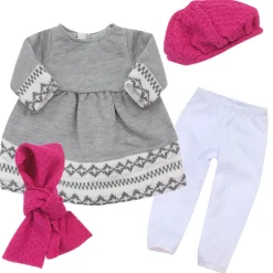 Kids Teamson Sophia's Fair Isle Knit Trimmed Dress, Leggings, Beret and Scarf for 18" Dolls, Gray/White/Hot Pink