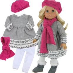 Kids Teamson Sophia's Fair Isle Knit Trimmed Dress, Leggings, Beret and Scarf for 18" Dolls, Gray/White/Hot Pink