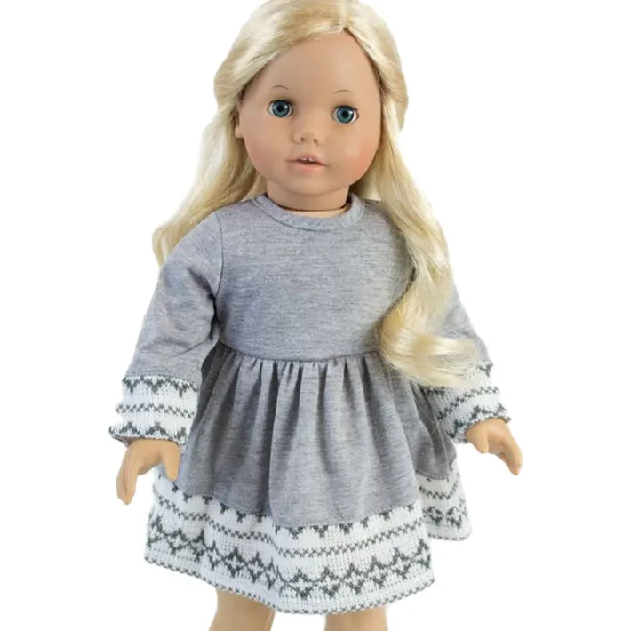 Kids Teamson Sophia's Fair Isle Knit Trimmed Dress, Leggings, Beret and Scarf for 18" Dolls, Gray/White/Hot Pink