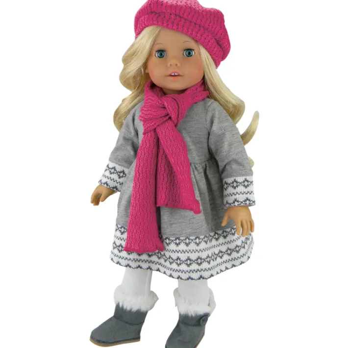 Kids Teamson Sophia's Fair Isle Knit Trimmed Dress, Leggings, Beret and Scarf for 18" Dolls, Gray/White/Hot Pink