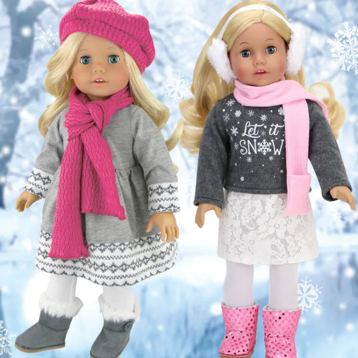 Kids Teamson Sophia's Fair Isle Knit Trimmed Dress, Leggings, Beret and Scarf for 18" Dolls, Gray/White/Hot Pink