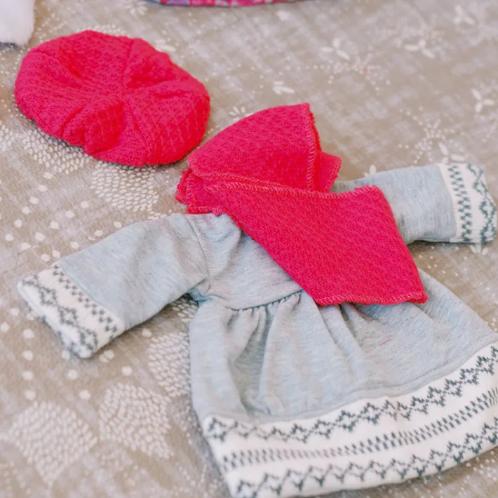 Kids Teamson Sophia's Fair Isle Knit Trimmed Dress, Leggings, Beret and Scarf for 18" Dolls, Gray/White/Hot Pink