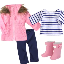 Kids Teamson Sophia’s Faux Fur Trimmed Parka, Leggings, T-Shirt, and Rain Boots for 18" Dolls, Navy/Pink/White