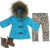 Kids Teamson Sophia's Faux Fur Trimmed Pea Coat, Animal Print Leggings, and Brown Booties for 18" Dolls, Aqua/Brown- FINAL SALE