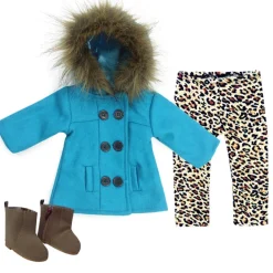 Kids Teamson Sophia's Faux Fur Trimmed Pea Coat, Animal Print Leggings, and Brown Booties for 18" Dolls, Aqua/Brown- FINAL SALE