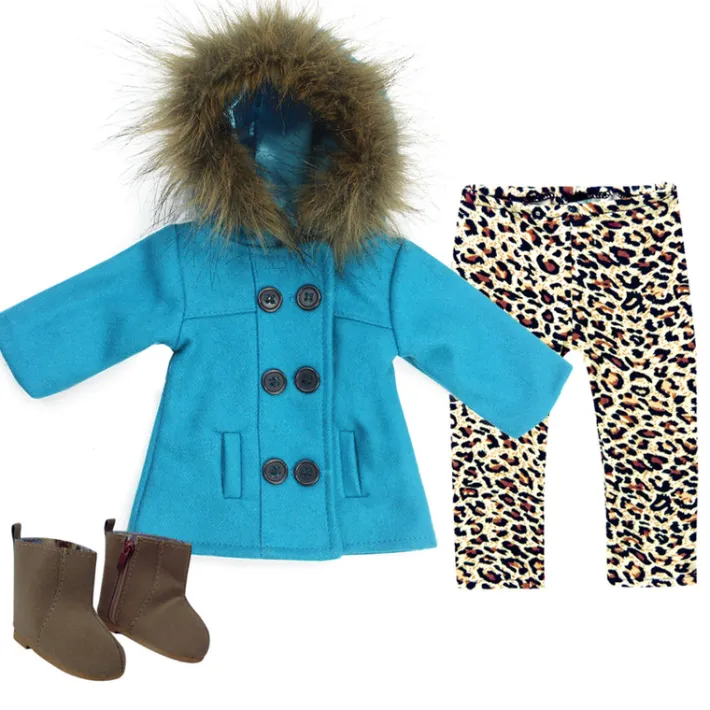 Kids Teamson Sophia's Faux Fur Trimmed Pea Coat, Animal Print Leggings, and Brown Booties for 18" Dolls, Aqua/Brown- FINAL SALE
