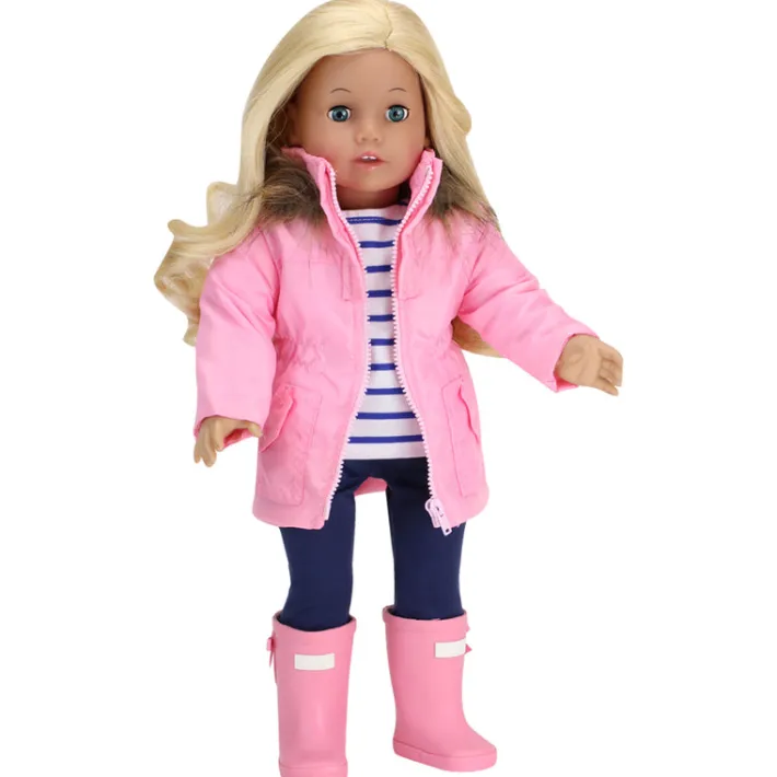 Kids Teamson Sophia’s Faux Fur Trimmed Parka, Leggings, T-Shirt, and Rain Boots for 18" Dolls, Navy/Pink/White