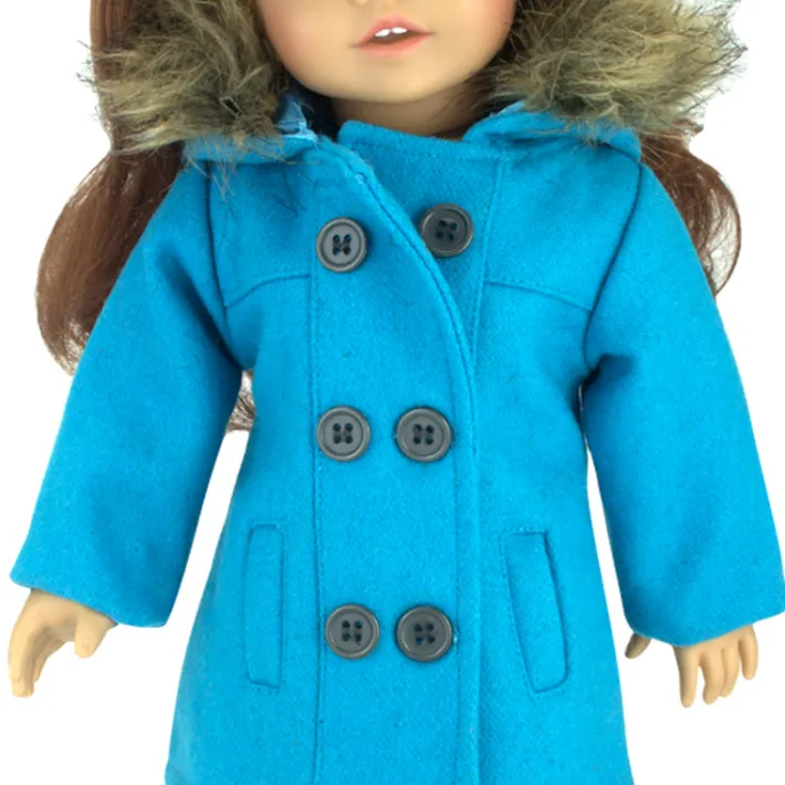Kids Teamson Sophia's Faux Fur Trimmed Pea Coat, Animal Print Leggings, and Brown Booties for 18" Dolls, Aqua/Brown- FINAL SALE