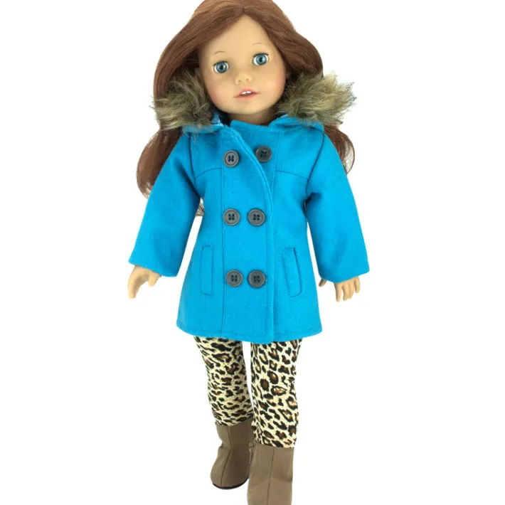 Kids Teamson Sophia's Faux Fur Trimmed Pea Coat, Animal Print Leggings, and Brown Booties for 18" Dolls, Aqua/Brown- FINAL SALE